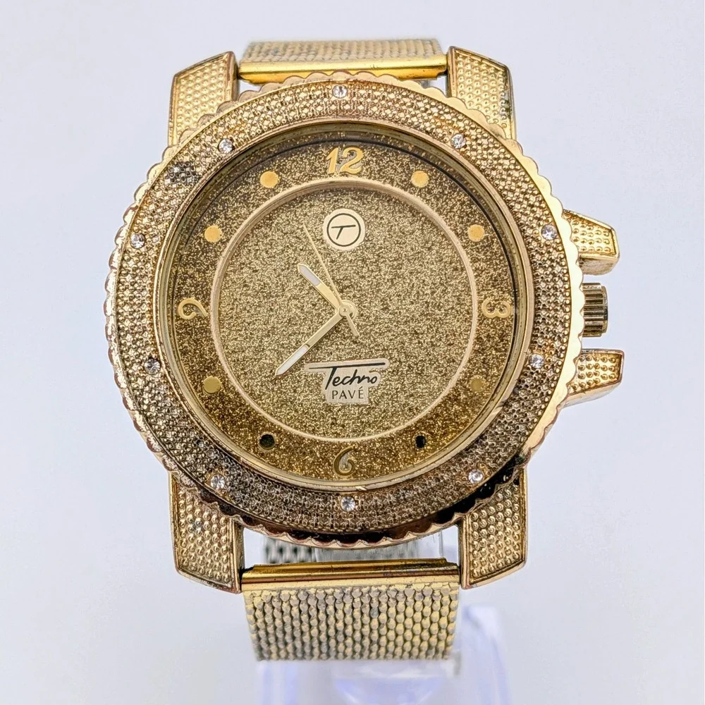 Techno Pave 7758 Men's 51mm Gold Tone Crystal Iced Bling Statement Quartz Watch
